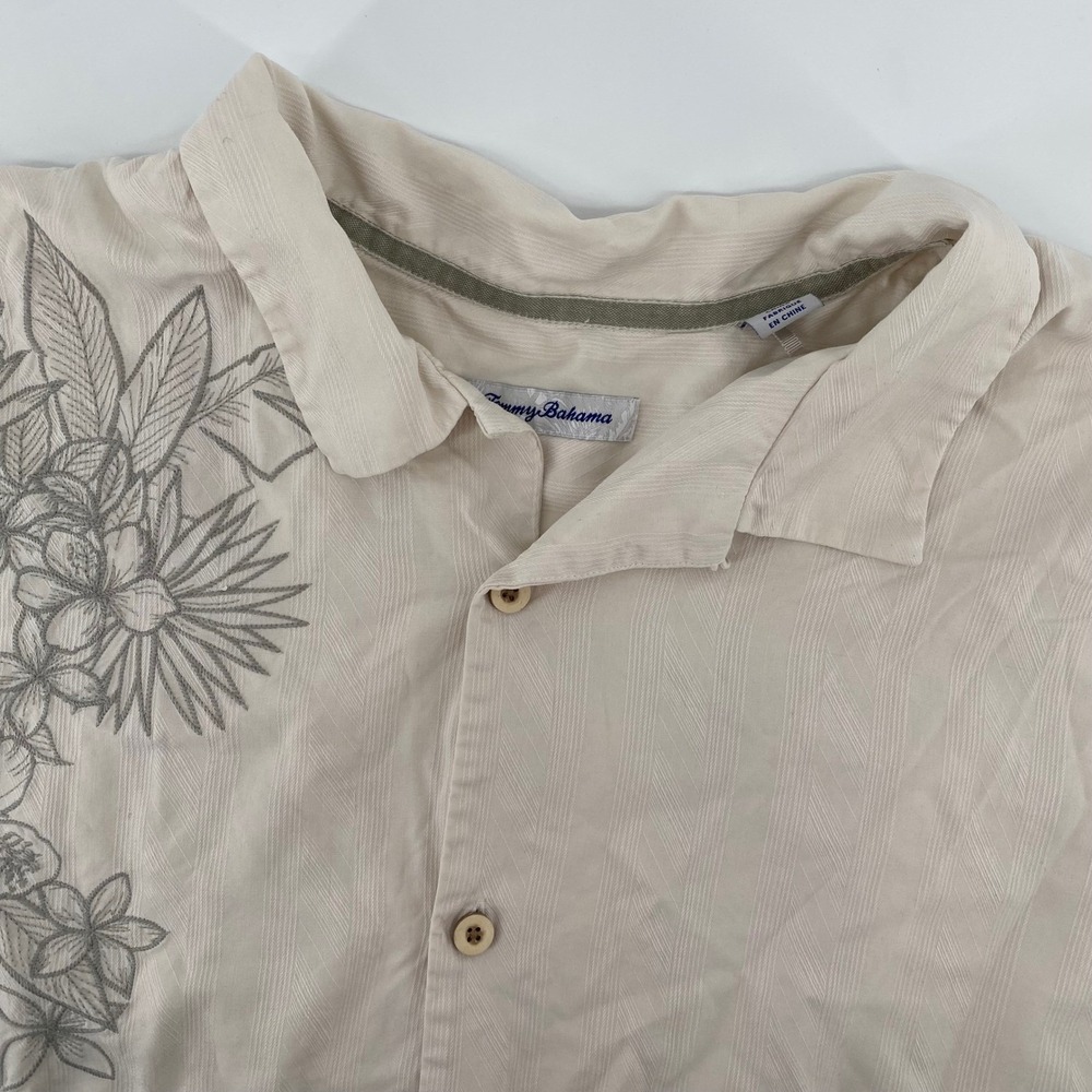 Tommy Bahama Silk Shirt Mens XXXL Cream Floral Embroidered Short Sleeve Relaxed